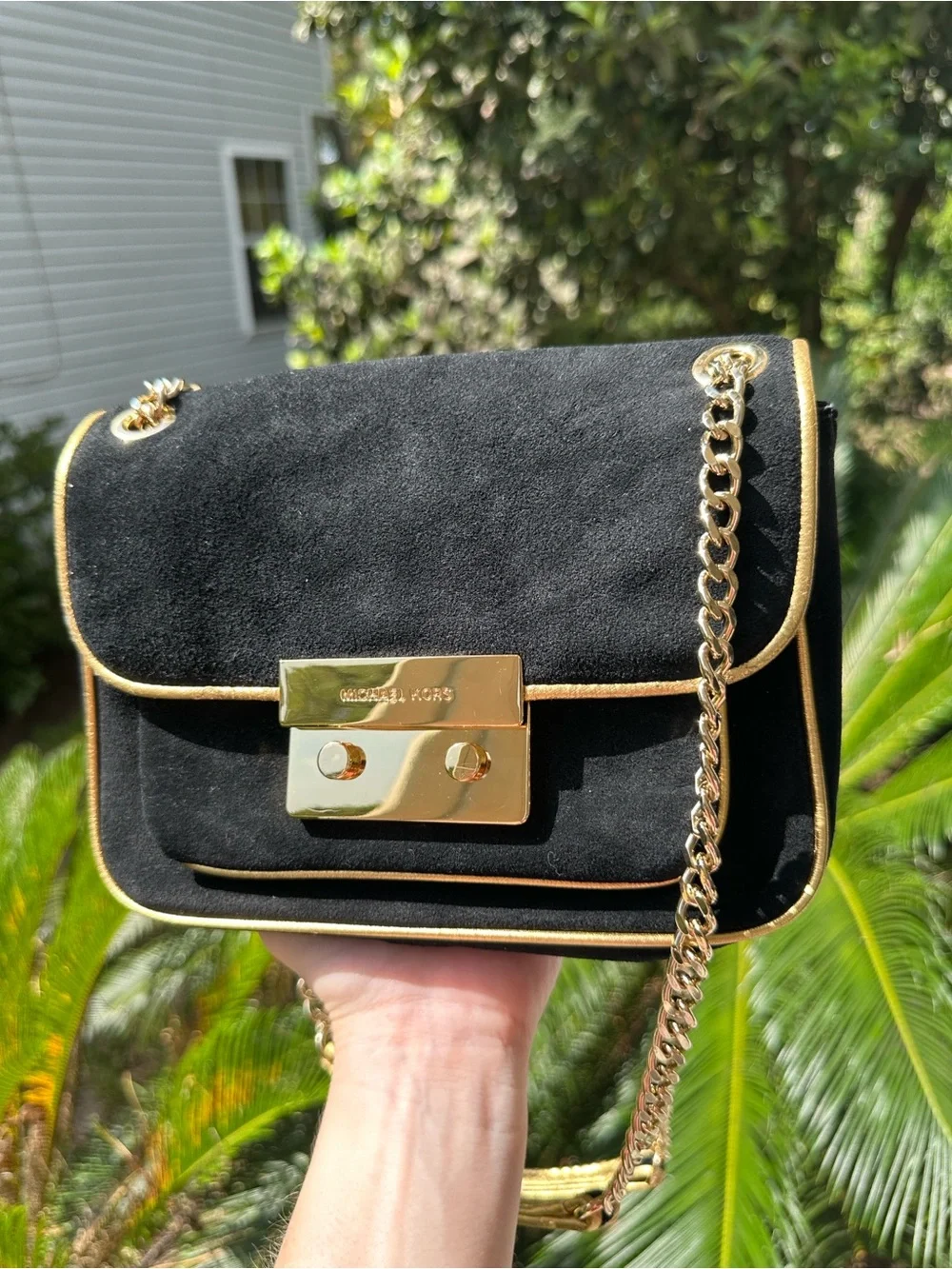 Michael Kors Black Suede Shoulder Bag with Gold Trim